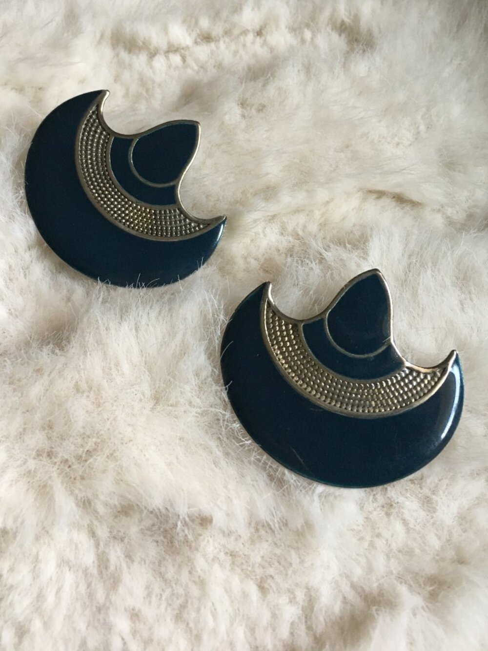 Vintage MCM Crescent Enamel Earrings Blue Silver Tone